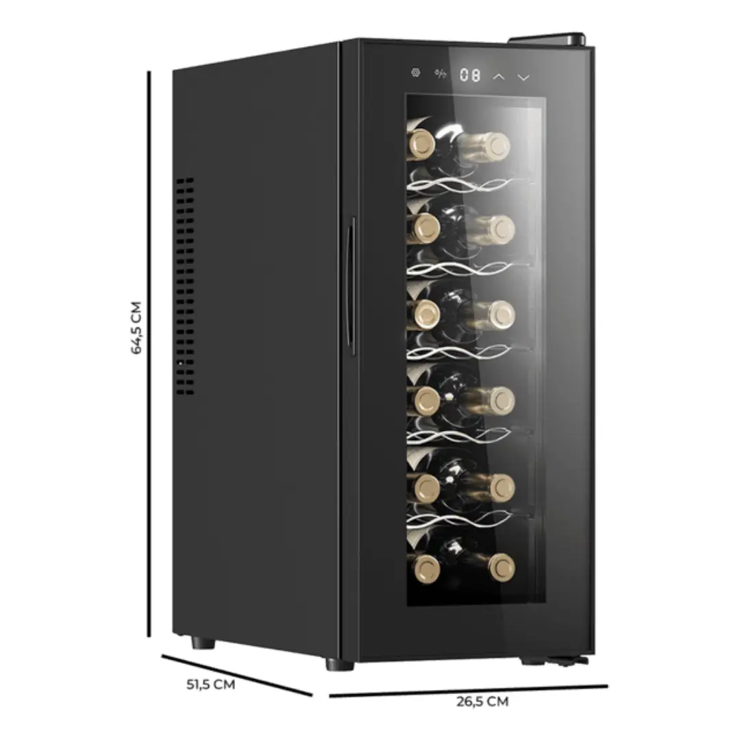 Dimensiones de la vinoteca Cecotec GrandSommelier 1250, modelo compacto y elegante de 12 botellas, ideal para instalar en cocinas o salones, con diseño moderno en color negro y puerta de cristal templado – información oficial de medidas en Electrocash.