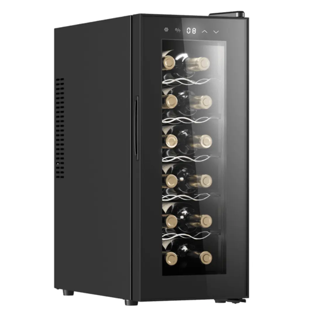 Vinoteca Cecotec GrandSommelier 1250 negra, con capacidad para 12 botellas, tecnología termoeléctrica silenciosa, iluminación LED interior y control táctil digital, ideal para mantener el vino a la temperatura perfecta – disponible en Electrocash.