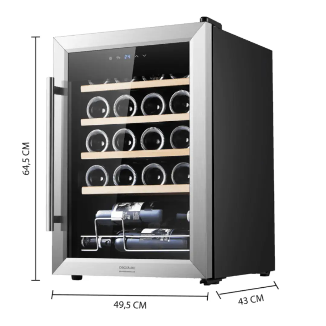 Dimensiones de la vinoteca Cecotec GrandSommelier 2050, modelo de 20 botellas con diseño inox, puerta de cristal templado y panel táctil superior, perfecta para ubicar en cocina o salón – ficha técnica completa en Electrocash.