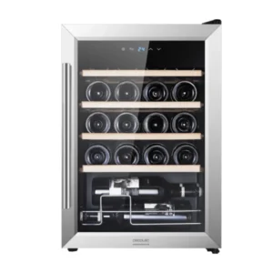 Vinoteca Cecotec GrandSommelier 2050 en acero inoxidable, con capacidad para 20 botellas, sistema por compresor ultra silencioso, panel táctil LED y temperatura regulable, ideal para conservar vino tinto o blanco con estilo – disponible en Electrocash.