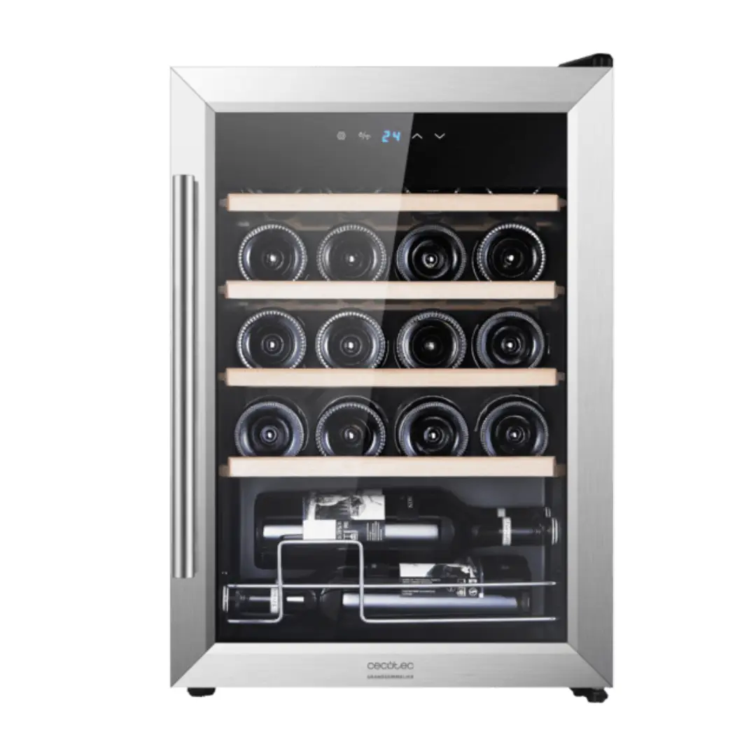 Vinoteca Cecotec GrandSommelier 2050 en acero inoxidable, con capacidad para 20 botellas, sistema por compresor ultra silencioso, panel táctil LED y temperatura regulable, ideal para conservar vino tinto o blanco con estilo – disponible en Electrocash.