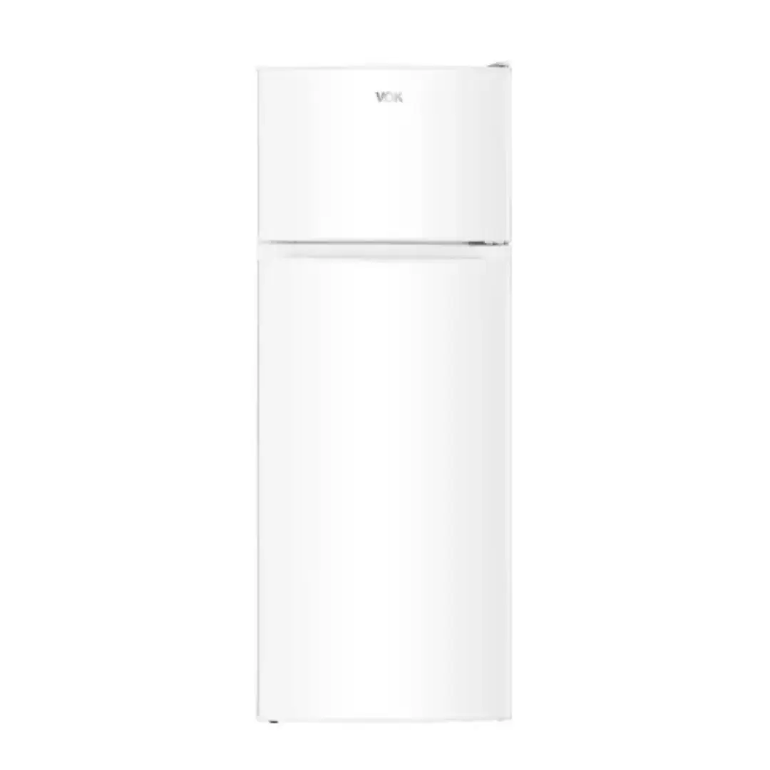 Frigorífico 2 puertas VOK EVR-206DEW en color blanco con altura de 145 cm, eficiencia energética Clase E y cajón LED para una mejor visibilidad de los alimentos — disponible en Electrocash.