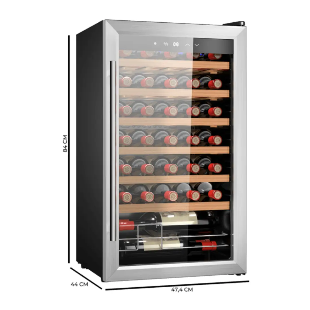 Dimensiones de la vinoteca Cecotec GrandSommelier 34030 inox, modelo de compresor con panel táctil LED y diseño compacto ideal para cocinas modernas o bodegas – ficha de medidas completa en Electrocash.