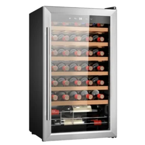 Vinoteca Cecotec GrandSommelier 34030 en acabado inox, con capacidad para 34 botellas, refrigeración por compresor silencioso, pantalla LED táctil y diseño elegante para mantener el vino en condiciones óptimas – disponible en Electrocash.