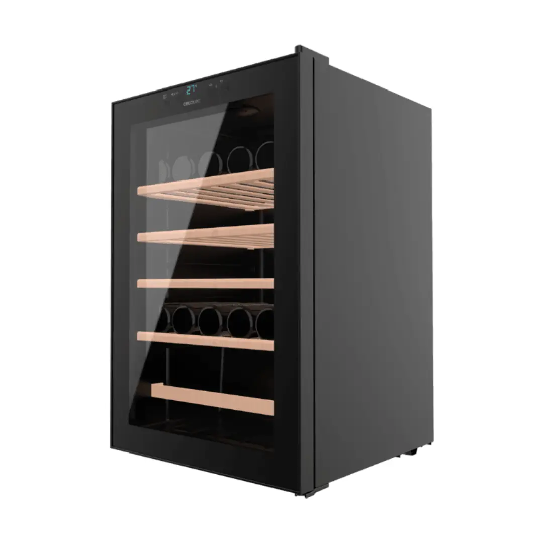 Vinoteca Cecotec GrandSommelier 4850 Black Compressor en color negro, con capacidad para 48 botellas, sistema de refrigeración por compresor silencioso, panel LED táctil y diseño elegante para una conservación óptima del vino – disponible en Electrocash.