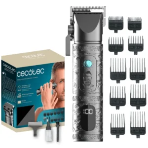 Cortapelos Cecotec PrecisionCare Samurai 04455 con pantalla LCD, 200 minutos de autonomía y 10 peines guía para corte preciso y profesional. Imagen del cortapelos en color negro disponible en Electrocash.