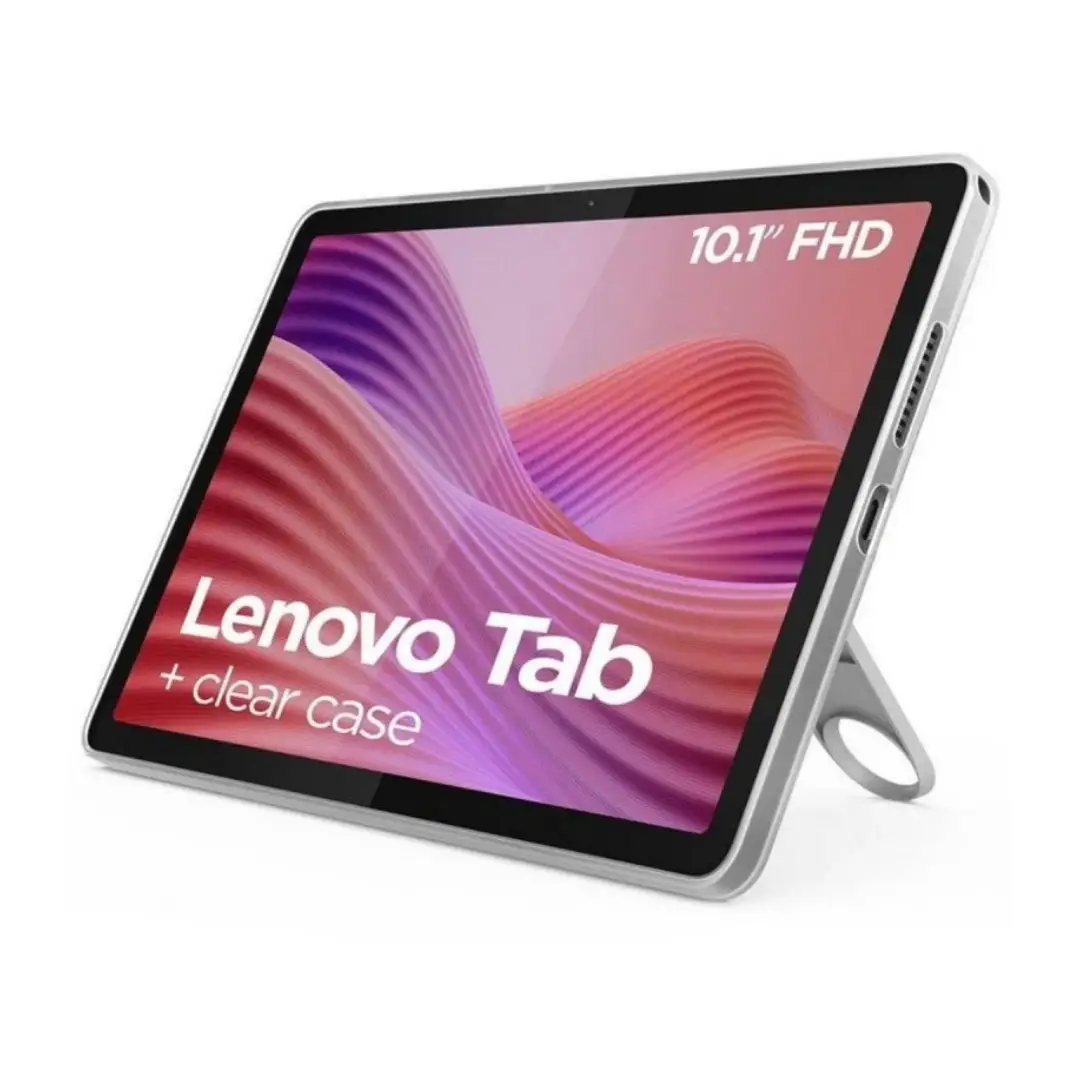 Imagen de la Lenovo Tab M10 colocada en su funda con soporte, mostrando cómo se mantiene en posición vertical para uso cómodo y visualización de contenido.