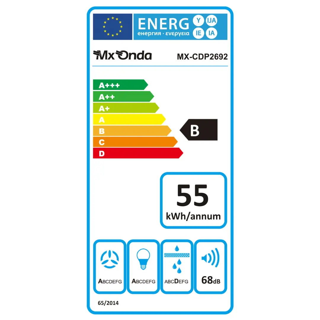 Detalle de la ficha de consumo de la campana MX ONDA MX-CDP2692N/60, mostrando eficiencia energética Clase B, eficiencia fluido dinámica A, eficiencia de iluminación A y filtrado de grasa Clase D — disponible en Electrocash.