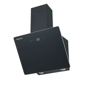 Campana decorativa MX ONDA MX-CDP2692N/60 en acabado negro, 60 cm de ancho, diseño inclinado y frontal abatible de cristal templado. Incluye 3 velocidades de extracción, iluminación LED y control táctil con avisador acústico — disponible en Electrocash.
