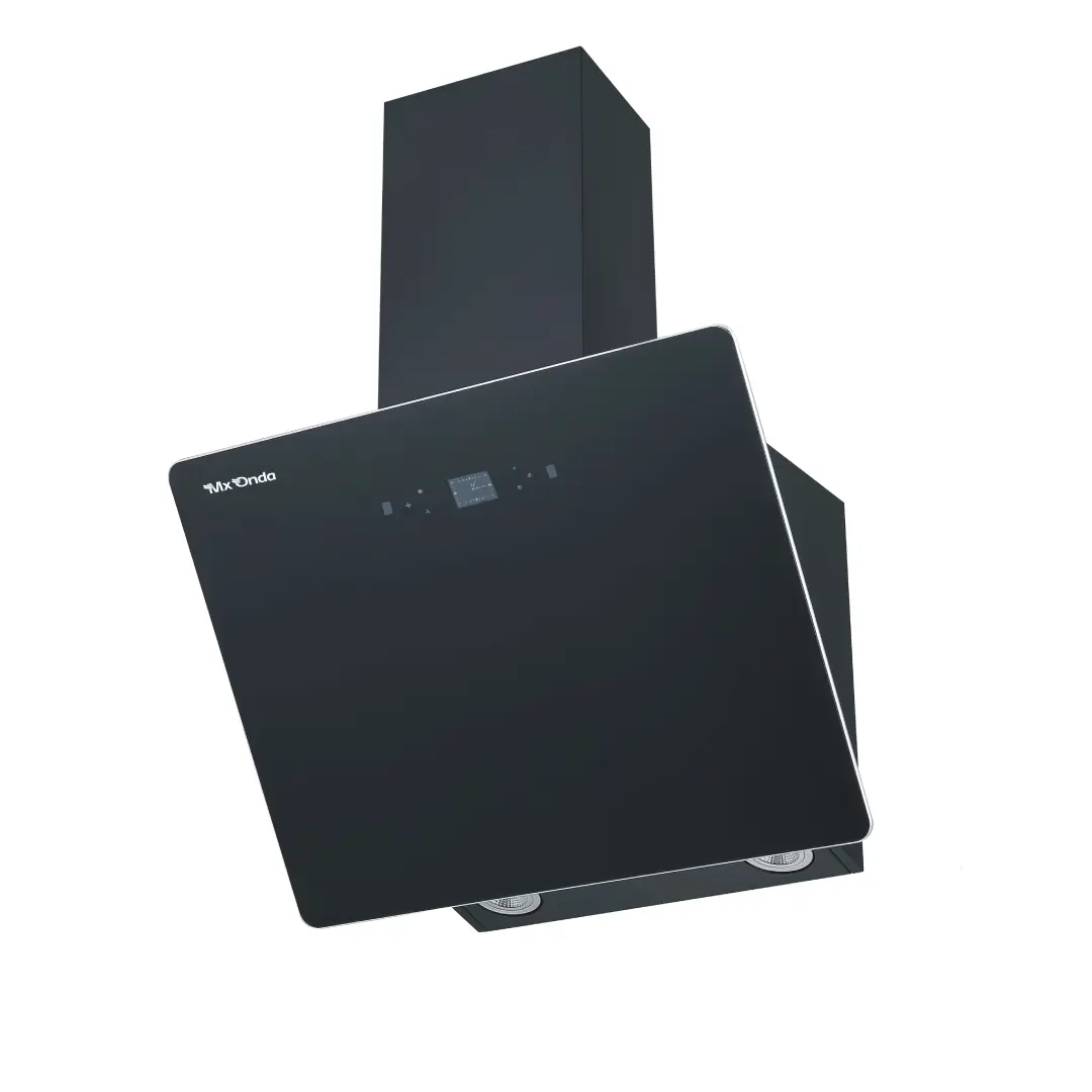 Campana decorativa MX ONDA MX-CDP2692N/60 en acabado negro, 60 cm de ancho, diseño inclinado y frontal abatible de cristal templado. Incluye 3 velocidades de extracción, iluminación LED y control táctil con avisador acústico — disponible en Electrocash.