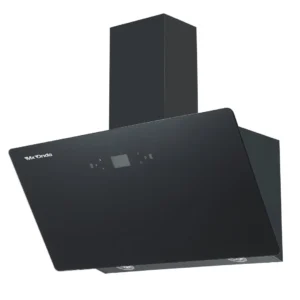 Campana decorativa MX ONDA MX-CDP2692N en acabado negro, 90 cm de ancho, diseño inclinado y frontal abatible de cristal templado. Incluye 3 velocidades de extracción, iluminación LED y control táctil con avisador acústico — disponible en Electrocash.