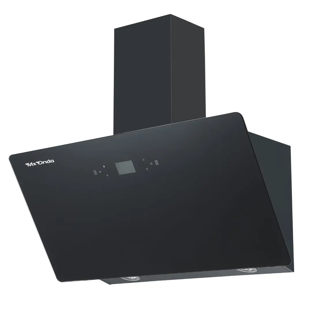 Campana decorativa MX ONDA MX-CDP2692N en acabado negro, 90 cm de ancho, diseño inclinado y frontal abatible de cristal templado. Incluye 3 velocidades de extracción, iluminación LED y control táctil con avisador acústico — disponible en Electrocash.