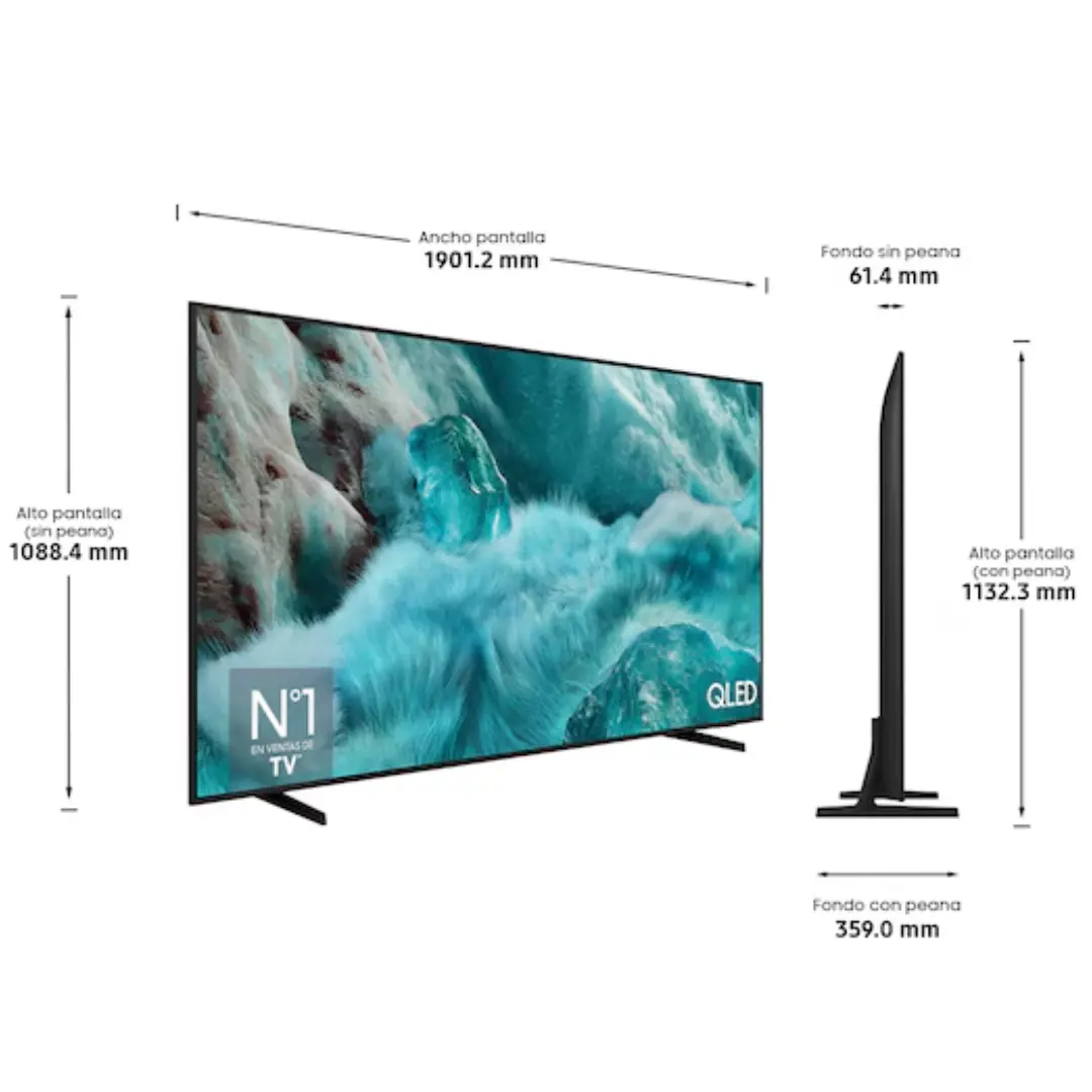 Televisor Samsung QLED TQ-85Q7FAAUXXC de 85 pulgadas con medidas detalladas, mostrando su diseño delgado y elegante, ideal para integrar en salones amplios — disponible en Electrocash.