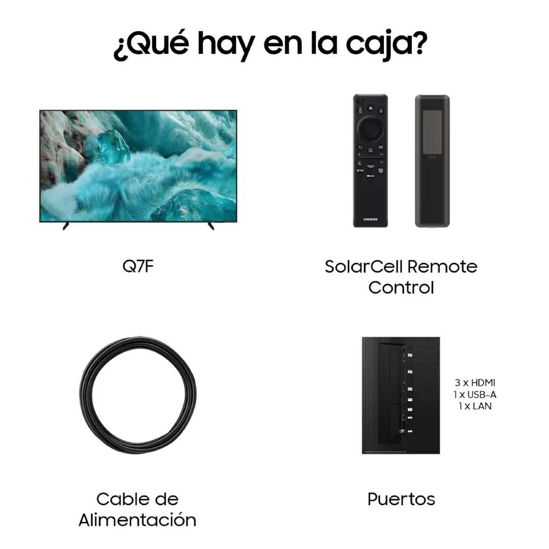 Contenido de la caja del Samsung QLED TQ-85Q7FAAUXXC: televisor de 85 pulgadas, soporte de mesa, mando a distancia, pilas, cables de alimentación y guía de instalación — disponible en Electrocash.