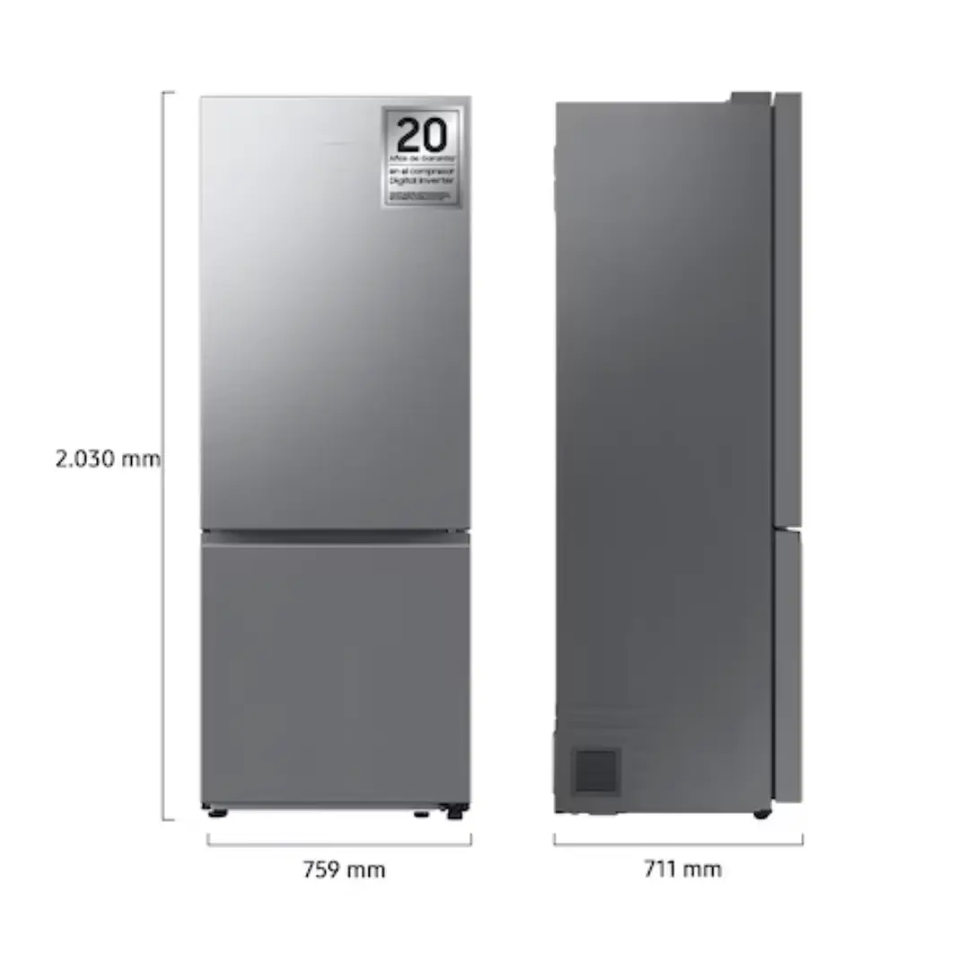 Frigorífico Samsung RB-53DG703DSS9EF con medidas de 203 cm de alto y 75 cm de ancho, gran capacidad interior y diseño inox elegante — disponible en Electrocash.