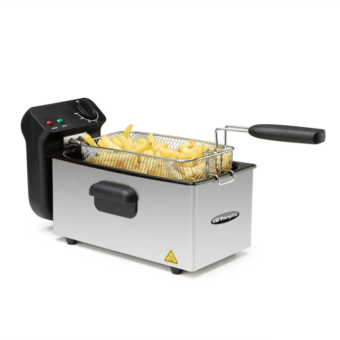 Freidora Orbegozo FDR-36 Inox con capacidad de 3 litros, 2000 W de potencia, termostato ajustable, cubeta extraíble y cuerpo en acero inoxidable, perfecta para freír patatas, croquetas y otros platos crujientes fácilmente — disponible en Electrocash.
