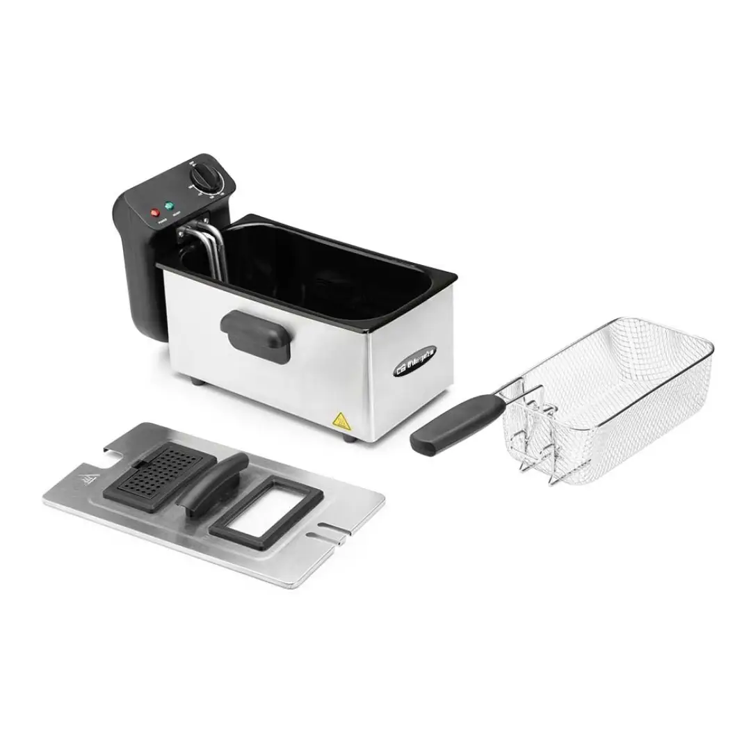 Vista superior de la freidora Orbegozo FDR-36 abierta, mostrando su cubeta extraíble, cestillo metálico y diseño en acero inoxidable, ideal para una limpieza cómoda y un uso seguro — disponible en Electrocash.