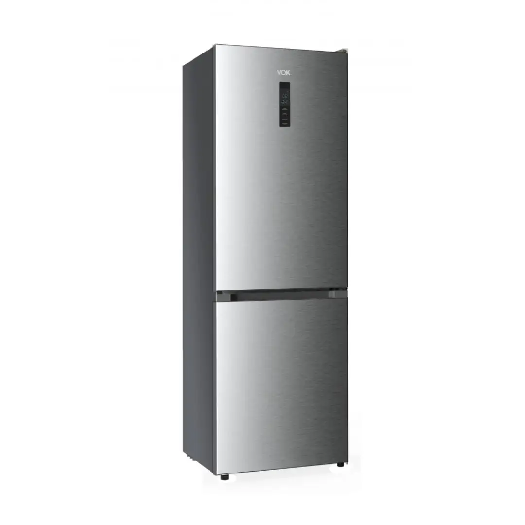 Vista lateral del frigorífico combi VOK EVR-335NEIPCN en acabado inoxidable, con diseño elegante, tiradores integrados y display digital en la puerta — disponible en Electrocash.
