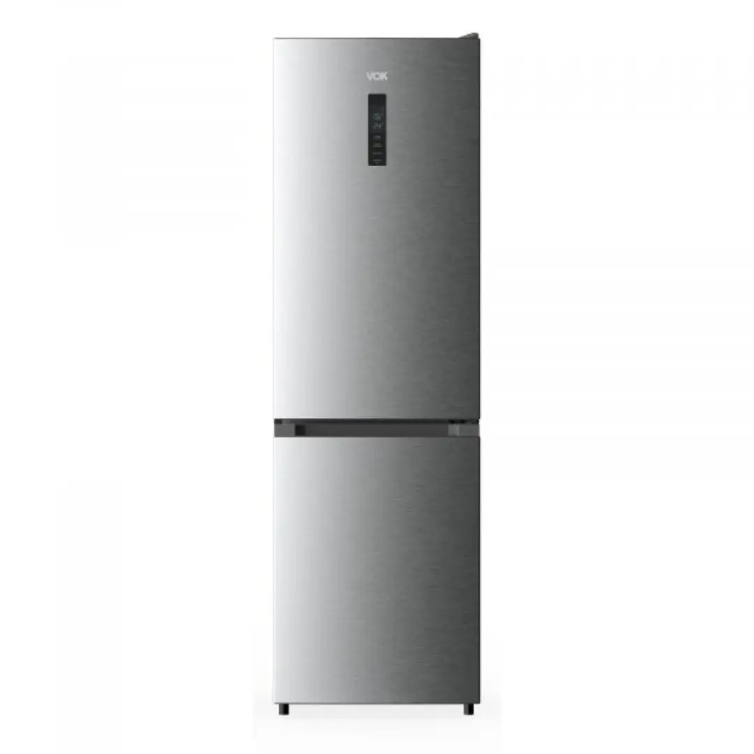 Frigorífico combi VOK EVR-335NEIPCN en acero inoxidable con altura de 195 cm y ancho de 60 cm. Eficiencia energética Clase E, display digital y sistema No Frost que evita la escarcha — disponible en Electrocash.