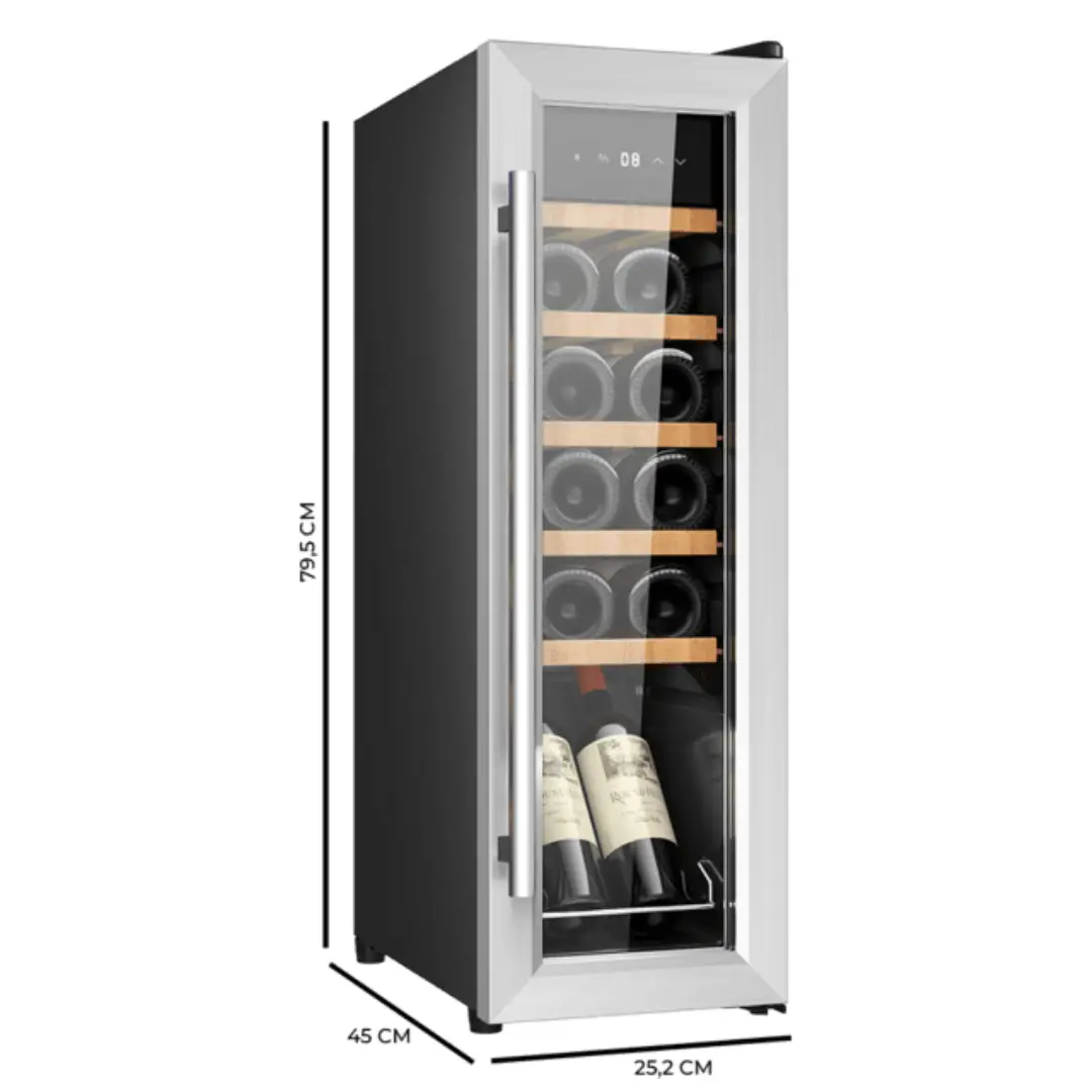 Medidas de la vinoteca Cecotec GrandSommelier 1250 Inox, con diseño compacto ideal para espacios pequeños, capacidad para 12 botellas, panel táctil LED y estructura en acero inoxidable – dimensiones técnicas mostradas en Electrocash.