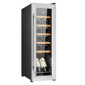 Vinoteca Cecotec GrandSommelier 1250 en acabado inox, con capacidad para 12 botellas, panel táctil de control digital, iluminación LED interior y baldas de madera para conservar el vino con elegancia y precisión – disponible en Electrocash.