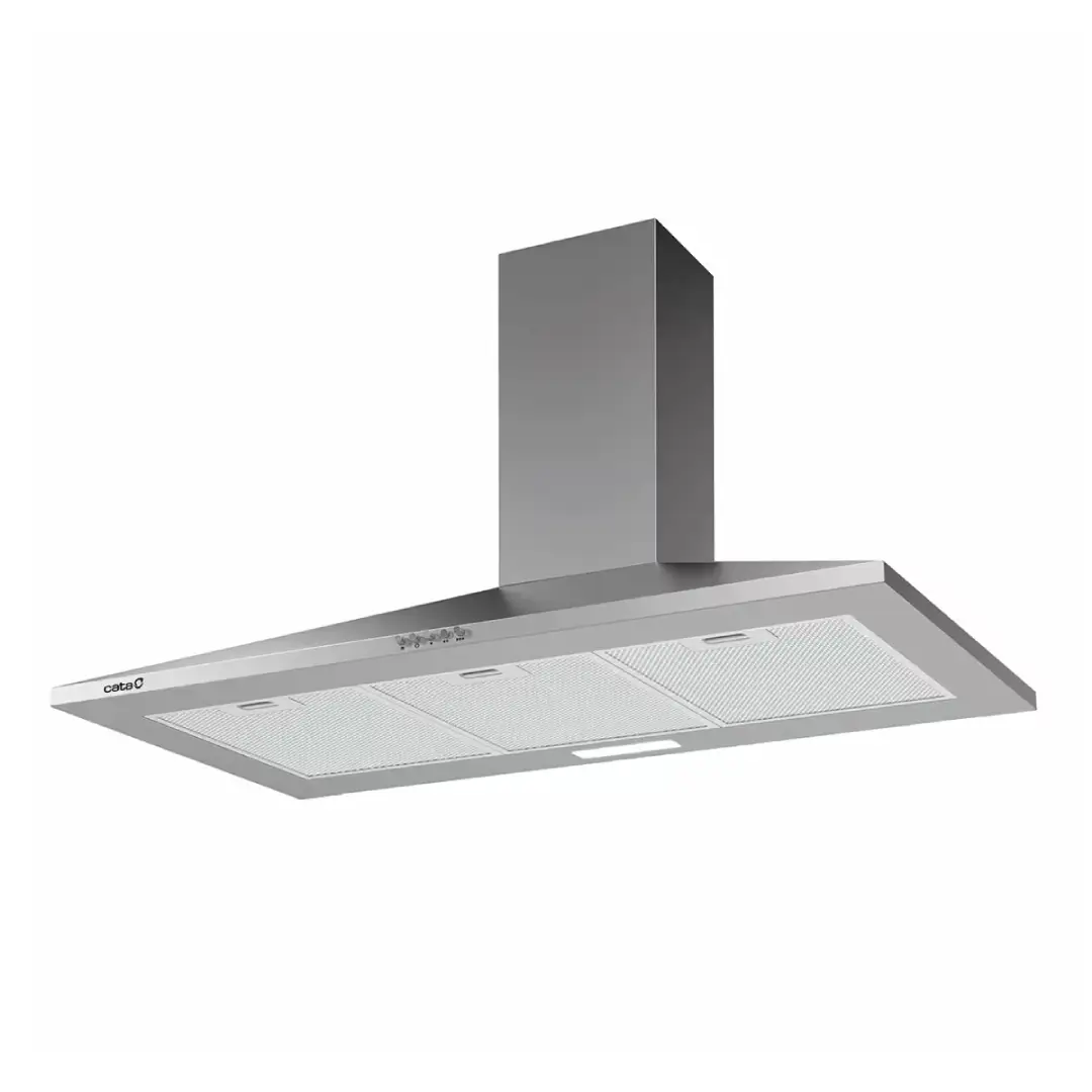 Vista lateral de la campana decorativa Cata VK-9000X de 90 cm, mostrando su elegante diseño piramidal y materiales de alta calidad — disponible en Electrocash.