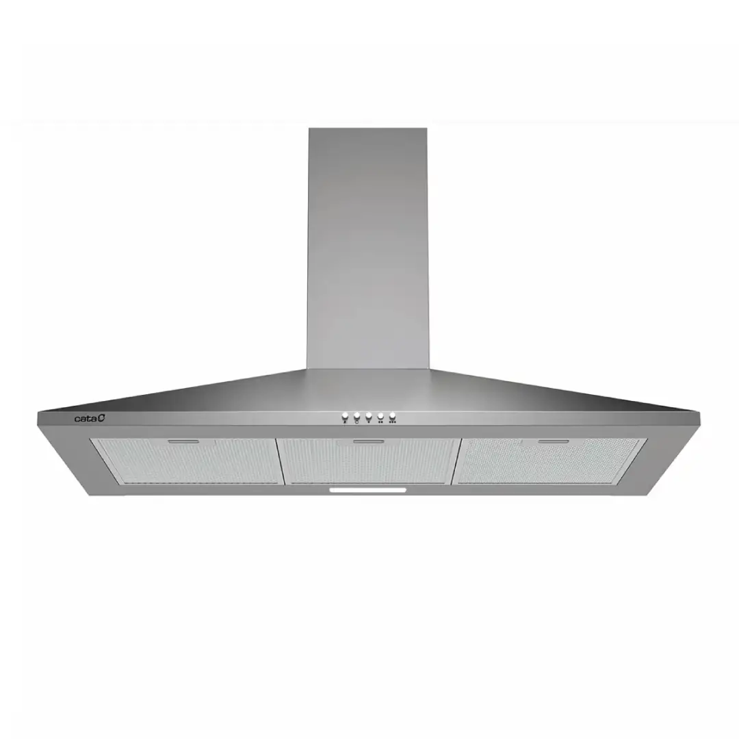 Campana decorativa Cata VK-9000X en acabado inoxidable, con ancho de 90 cm, diseño piramidal y eficiencia energética Clase A. Ideal para extraer humos y vapores con estilo moderno — disponible en Electrocash.