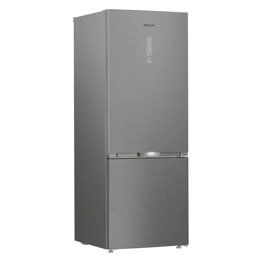 Vista lateral del frigorífico combi Whirlpool WHK2-6493 X5E en color inox, con diseño moderno, líneas elegantes y amplio espacio interior — disponible en Electrocash.