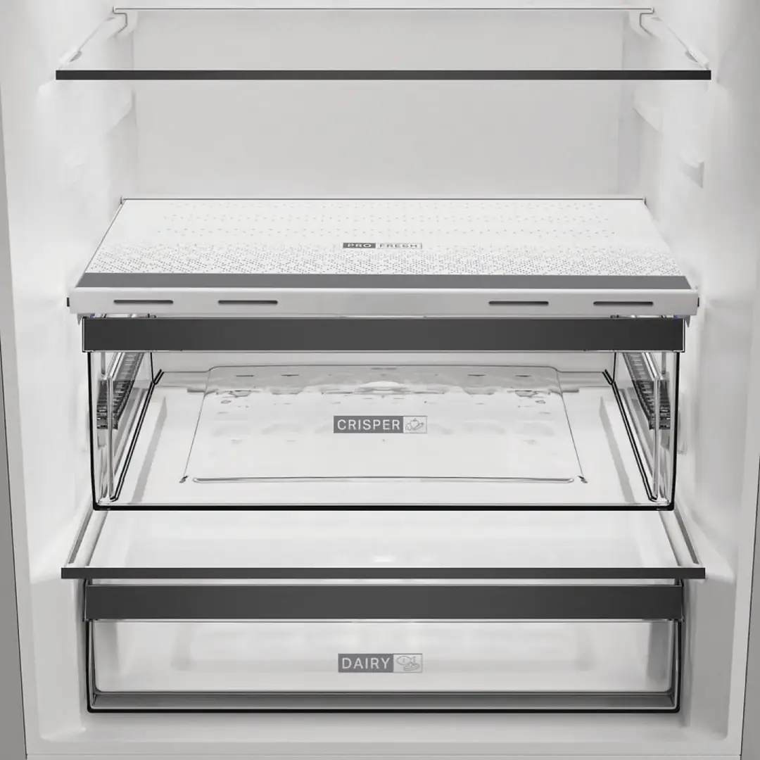 Detalle de los cajones del frigorífico Whirlpool WHK2-6493 X5E, incluyendo el compartimento Fresh Box para frutas y verduras, con control de humedad y gran capacidad — disponible en Electrocash.