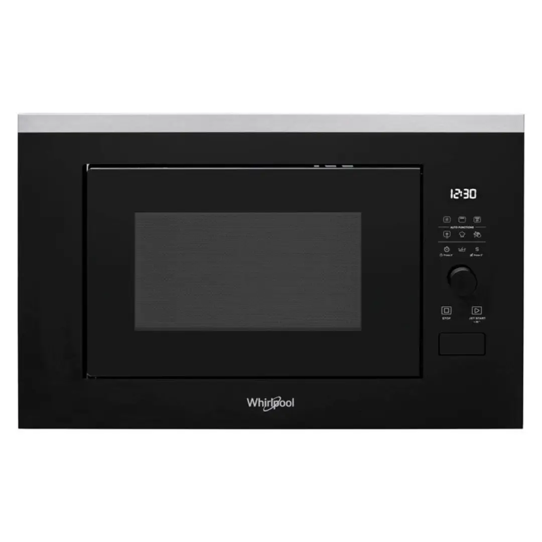 Microondas de encastre Whirlpool WMF-250G en acabado inoxidable con capacidad de 25 litros, potencia de 900 W y función grill ideal para gratinar y dorar alimentos — disponible en Electrocash.