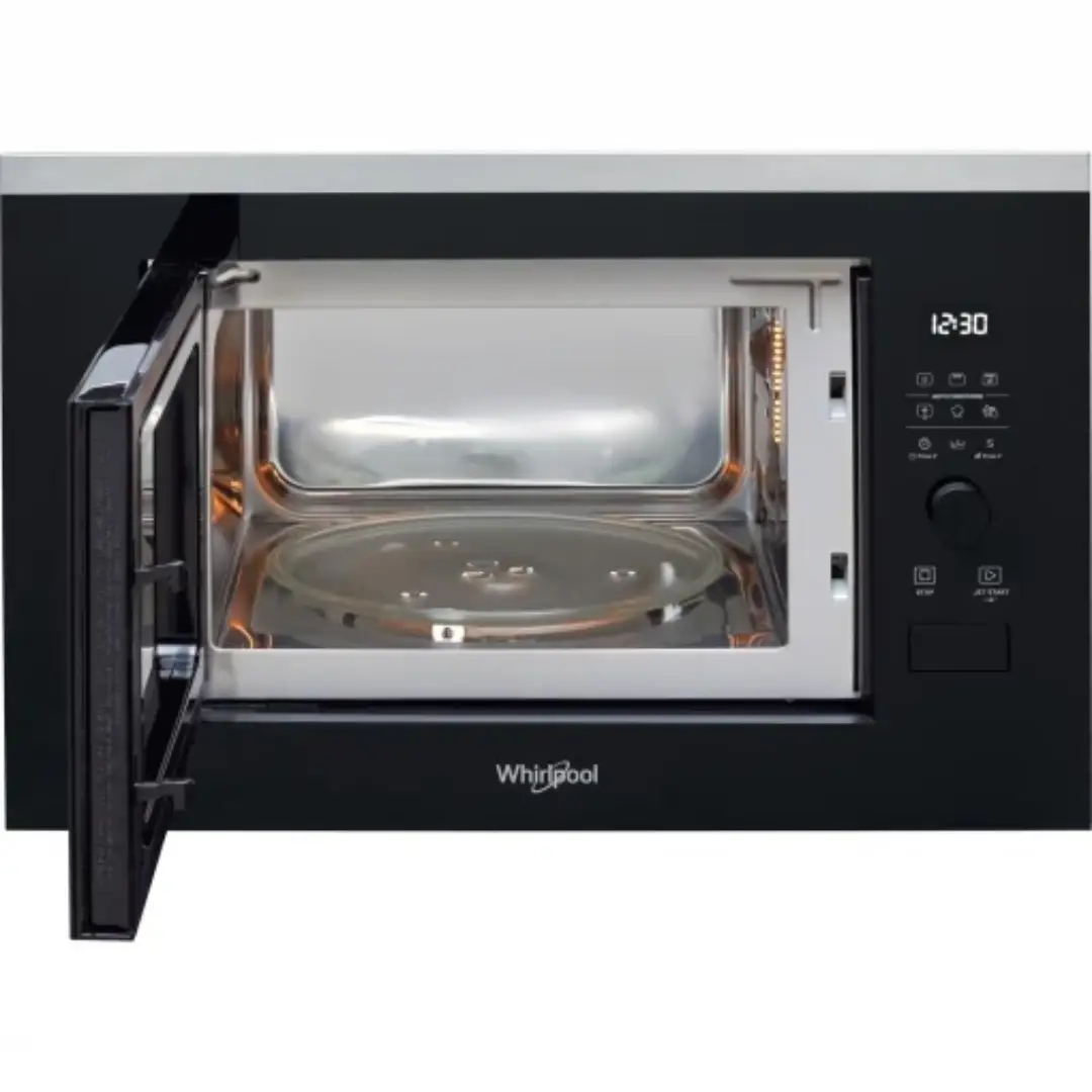 Vista del microondas de encastre Whirlpool WMF-250G abierto, mostrando su interior de 25 litros con plato giratorio y rejilla para grill — disponible en Electrocash.