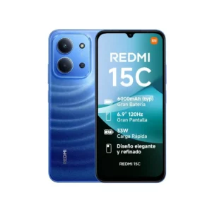 Smartphone Xiaomi Redmi 15C NFC en color azul con 4 GB de RAM, 128 GB de almacenamiento y pantalla de 6,90 pulgadas. Diseño moderno y gran autonomía — disponible en Electrocash.