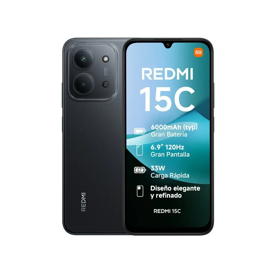 Smartphone Xiaomi Redmi 15C NFC en color Black con 4GB de RAM y 128GB de almacenamiento. Pantalla grande, alto rendimiento y excelente autonomía — disponible en Electrocash.