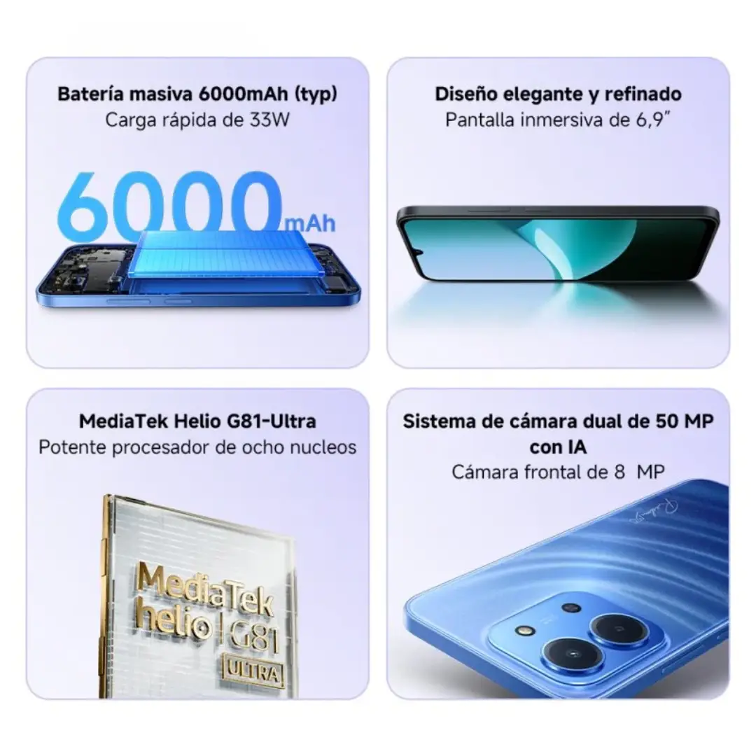 Características principales del Xiaomi Redmi 15C NFC Black: pantalla amplia, gran batería, procesador eficiente, NFC integrado y almacenamiento de 128GB — disponible en Electrocash.