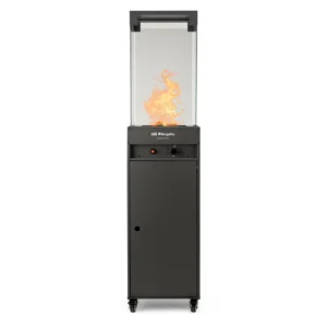 Estufa de terraza a gas Orbegozo PHE-95 en color negro con potencia de 8000W y altura de 150 cm. Diseño tipo chimenea con efecto llama, ideal para exteriores y terrazas — disponible en Electrocash.