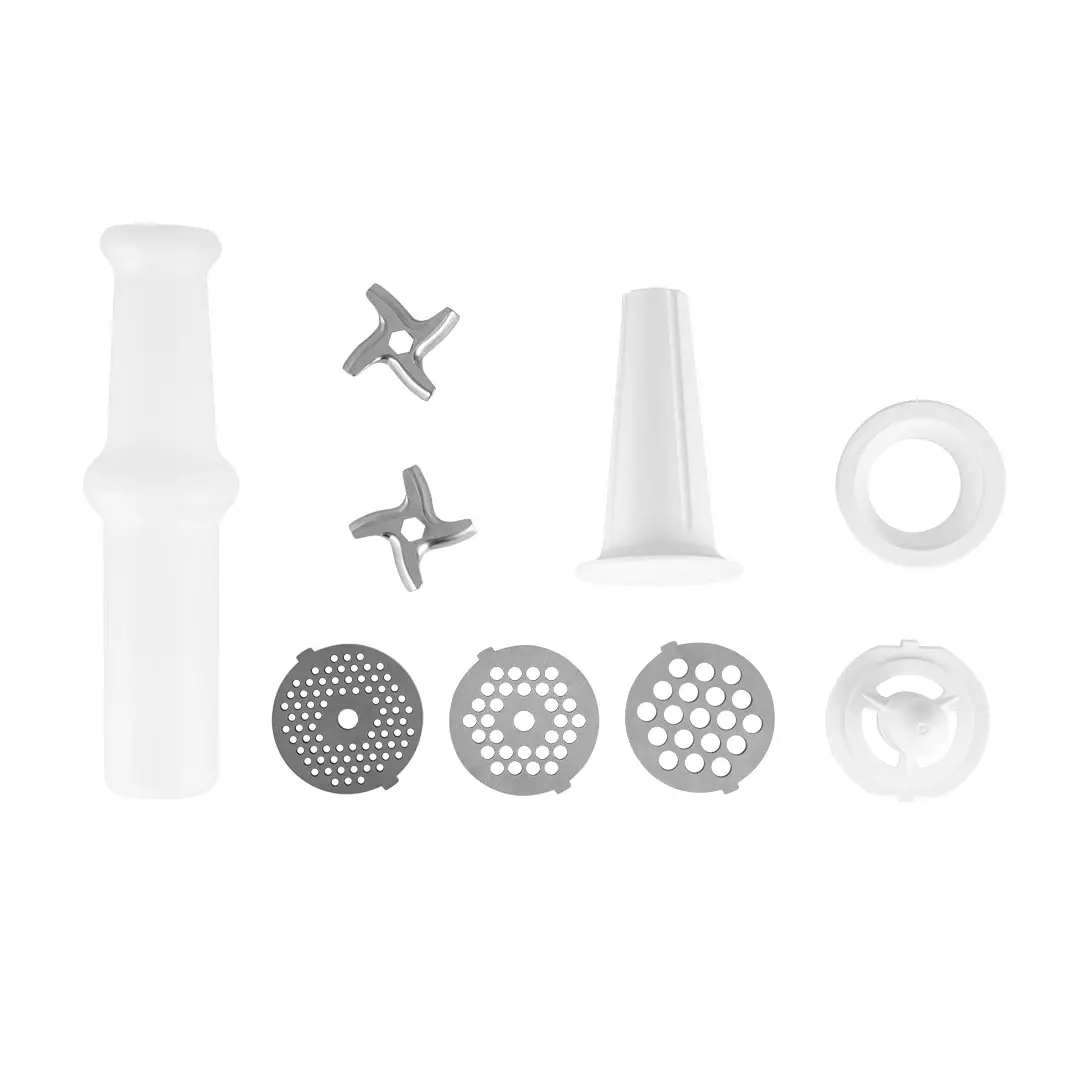 Accesorios incluidos con la picadora de carne Orbegozo MP-2000: 3 discos metálicos de diferentes grosores, 2 cuchillas de acero inoxidable, tubo para embutidos y empujador de seguridad, todo lo necesario para un uso versátil en la cocina – imagen de producto en Electrocash.