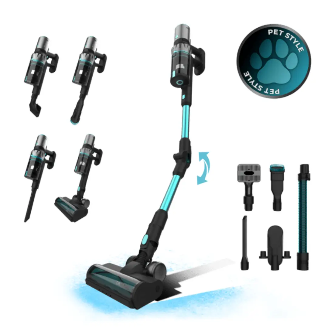 Aspirador sin cable Cecotec Rockstar 2500 Thunder Pet Flex con todos sus accesorios incluidos — potencia de 400 W, succión de 120 AW y tubo flexible. Ideal para hogares con mascotas — disponible en Electrocash.