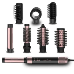 Cepillo moldeador Cecotec AirGlam Black 03464 con todos sus accesorios intercambiables — set 8 en 1 con motor digital Brushless de 1400 W, ideal para alisar, rizar y dar volumen al cabello — disponible en Electrocash.