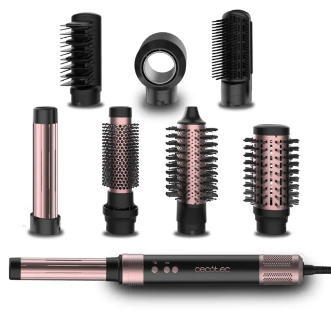 Cepillo moldeador Cecotec AirGlam Black 03464 con todos sus accesorios intercambiables — set 8 en 1 con motor digital Brushless de 1400 W, ideal para alisar, rizar y dar volumen al cabello — disponible en Electrocash.