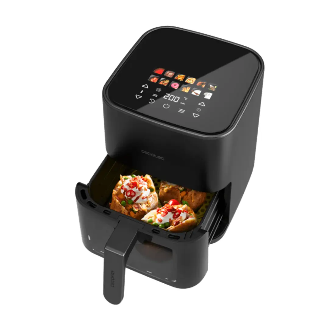 Vista de la Cecofry DuoHeat 4000 de Cecotec abierta, mostrando la cesta extraíble antiadherente, la resistencia doble superior e inferior y su interior de gran capacidad, ideal para cocinar sin aceite con resultados crujientes — disponible en Electrocash.