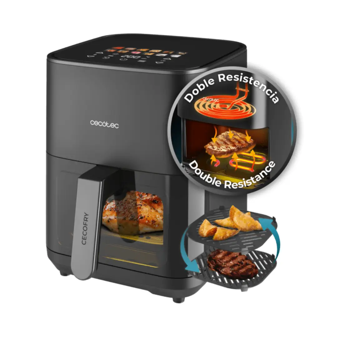 Freidora sin aceite Cecotec Cecofry DuoHeat 4000 con capacidad de 4 litros, potencia de 1900 W y doble resistencia superior e inferior para un cocinado uniforme. Diseño moderno y panel táctil con 12 menús automáticos — disponible en Electrocash.