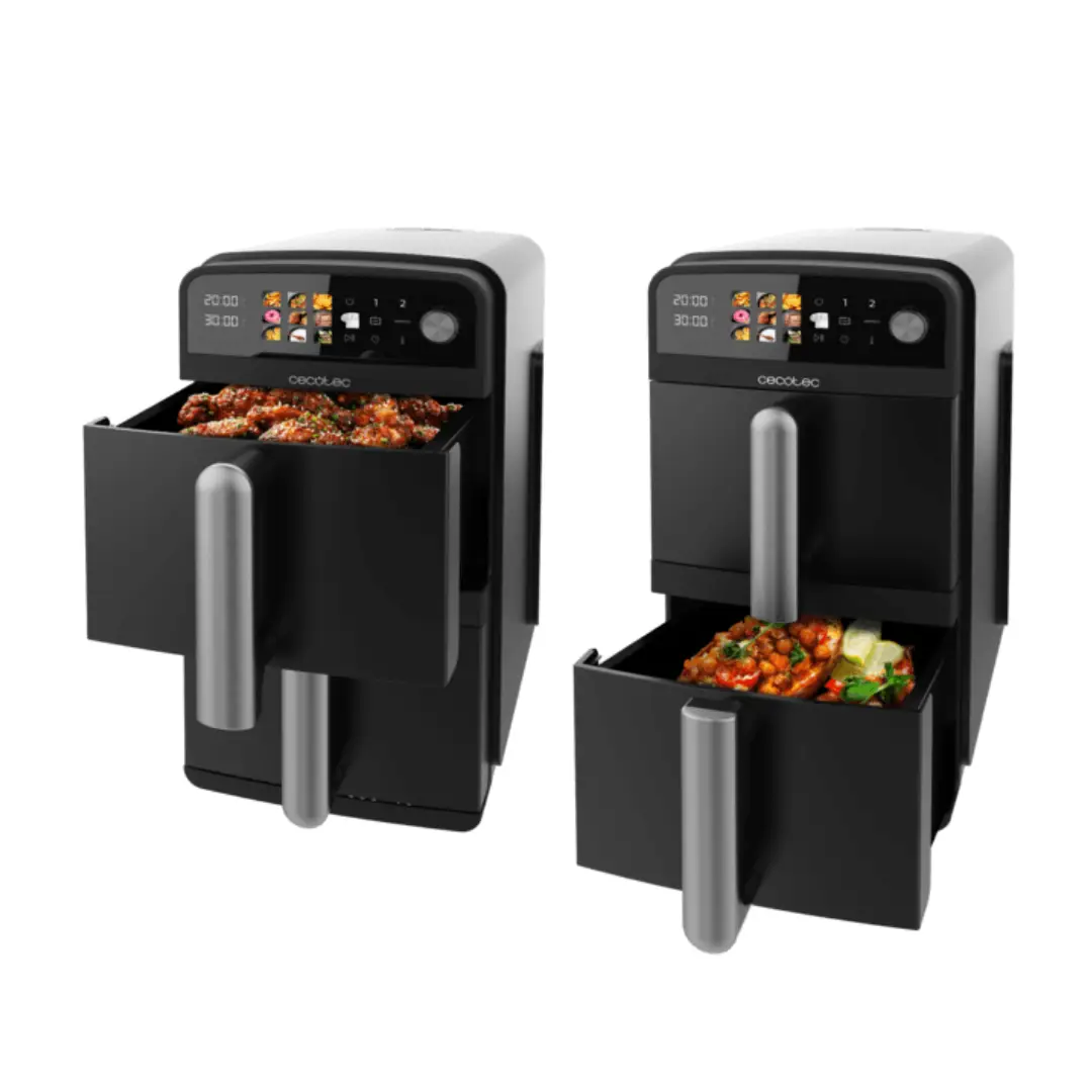 Vista de la Cecofry DuoLevel 10000 abierta, mostrando sus dos cubetas verticales independientes con panel táctil digital y accesorios extraíbles. Ideal para cocinar sin mezclar sabores — disponible en Electrocash.