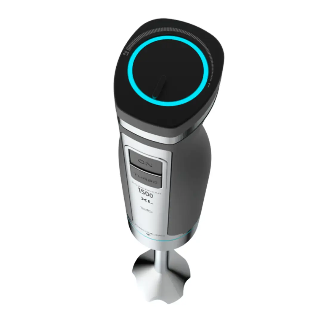 Vista superior de la batidora Cecotec PowerGear 1500 XL Inox, mostrando su diseño ergonómico, cuerpo metálico resistente y cuchillas de titanio, disponible en Electrocash.