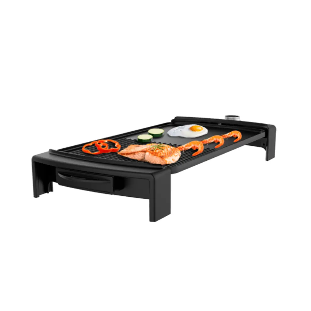 Plancha de asar Cecotec Tasty&Grill 2500 BlackWater MixGrill de 2150W con superficie mixta lisa y grill, revestimiento antiadherente y termostato regulable. Imagen del modelo en color negro disponible en Electrocash.
