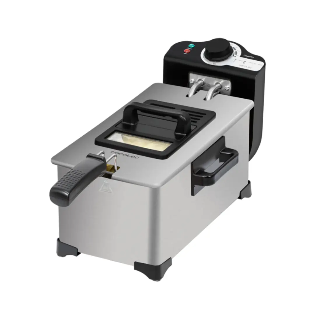 Imagen frontal de la freidora Cecotec CleanFry A90 con capacidad de 3 litros, potencia de 2000W, cuerpo en acero inoxidable, filtro OilCleaner y tapa con ventana y función antiolores.