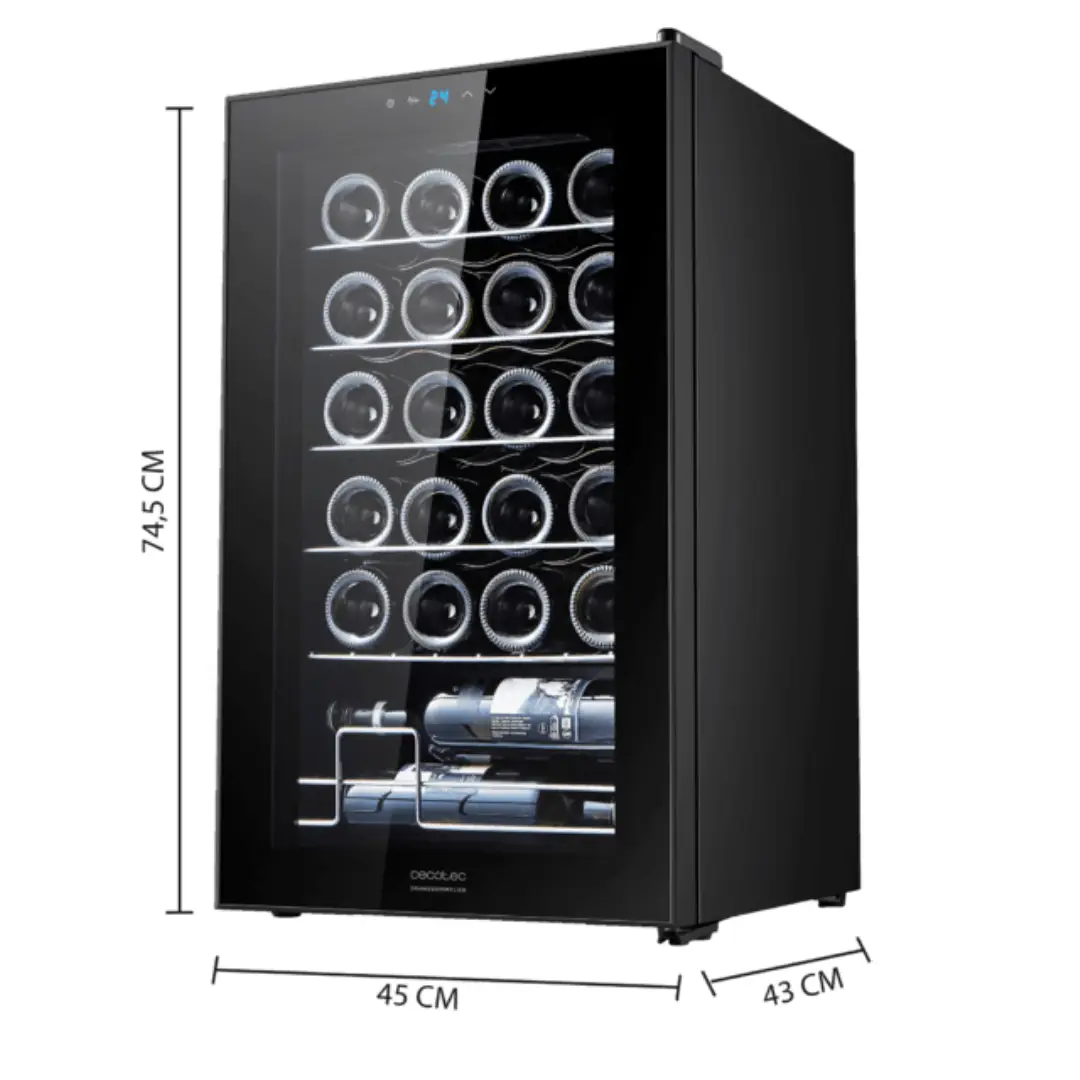 Medidas de la vinoteca Cecotec GrandSommelier 2450 Negra, con capacidad para 24 botellas, estructura estilizada, panel táctil LED superior y refrigeración por compresor silencioso, perfecta para espacios modernos – información técnica visible en Electrocash.