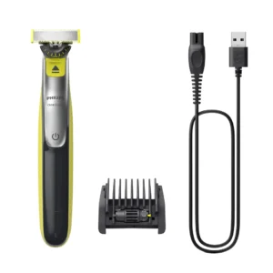 Recortadora Philips OneBlade 360 QP2734/23 mostrando su diseño ergonómico y cuchilla 360, ideal para afeitar, recortar y perfilar con precisión y comodidad, apta para uso en seco o húmedo – disponible en Electrocash.
