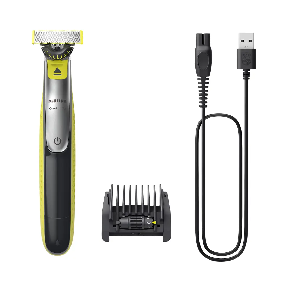 Recortadora Philips OneBlade 360 QP2734/23 mostrando su diseño ergonómico y cuchilla 360, ideal para afeitar, recortar y perfilar con precisión y comodidad, apta para uso en seco o húmedo – disponible en Electrocash.