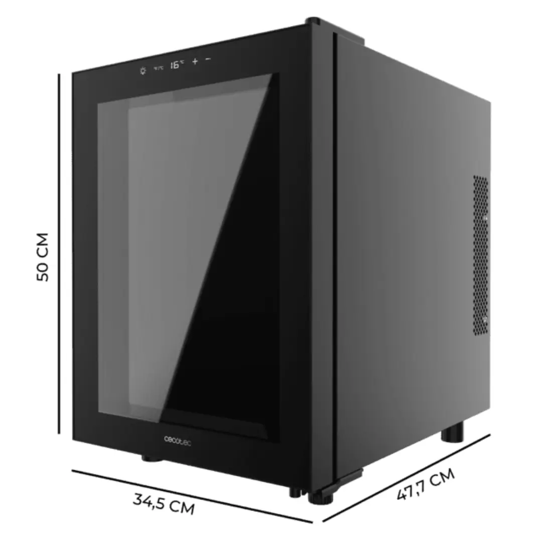 Medidas de la vinoteca termoeléctrica Cecotec GrandSommelier 1255, modelo vertical negro con panel táctil LED, capacidad de 12 botellas y estructura elegante, ideal para espacios reducidos – ficha técnica visual en Electrocash.