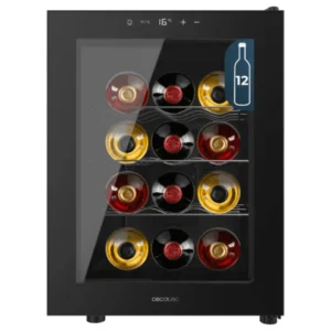Vinoteca termoeléctrica negra Cecotec GrandSommelier 1255, con capacidad para 12 botellas, panel táctil digital, iluminación LED interior y funcionamiento ultra silencioso. Ideal para conservar tus vinos con elegancia – disponible en Electrocash.